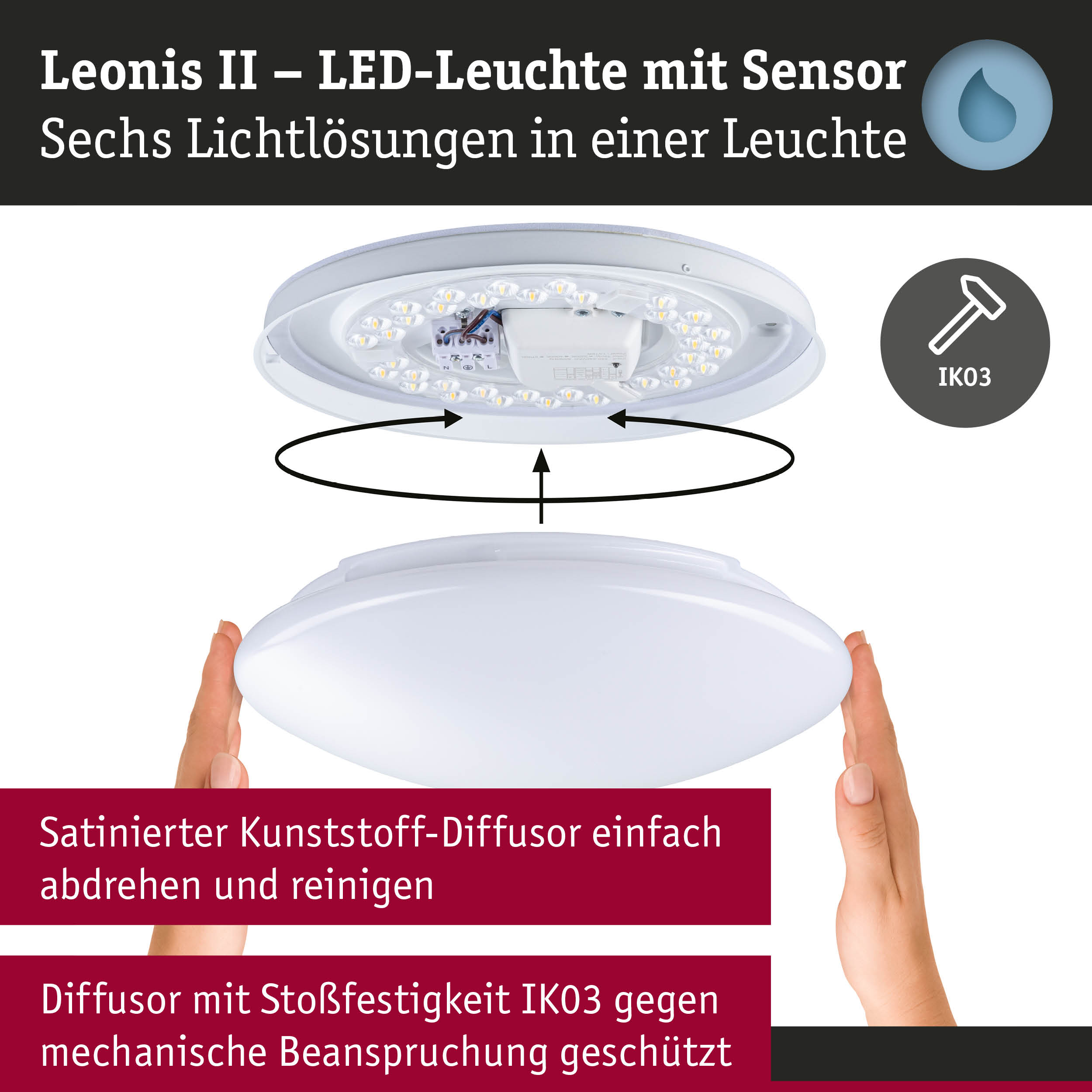 Leonis II LED-Deckenleuchte mit Sensor und satiniertem Kunststoff-Diffusor in Weiß, stoßfest IK03