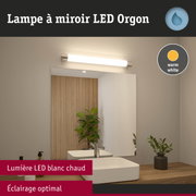 Lampe à miroir LED Orgon blanc chaud avec embouts chromés au-dessus du lavabo