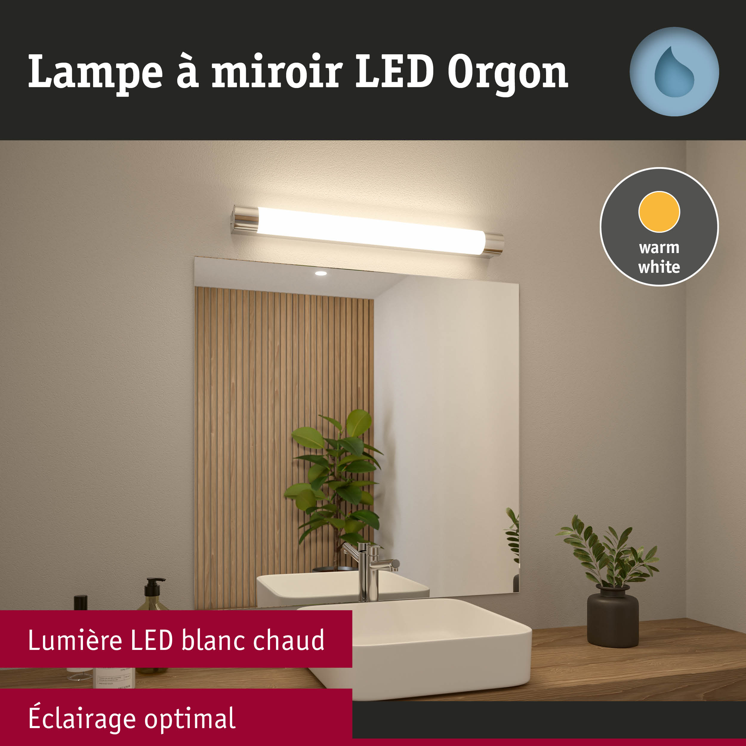 Lampe à miroir LED Orgon blanc chaud avec embouts chromés au-dessus du lavabo