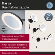 Miroir mural LED Masua noir avec bras flexible et grossissement 3x, éclairage salle de bain IP44