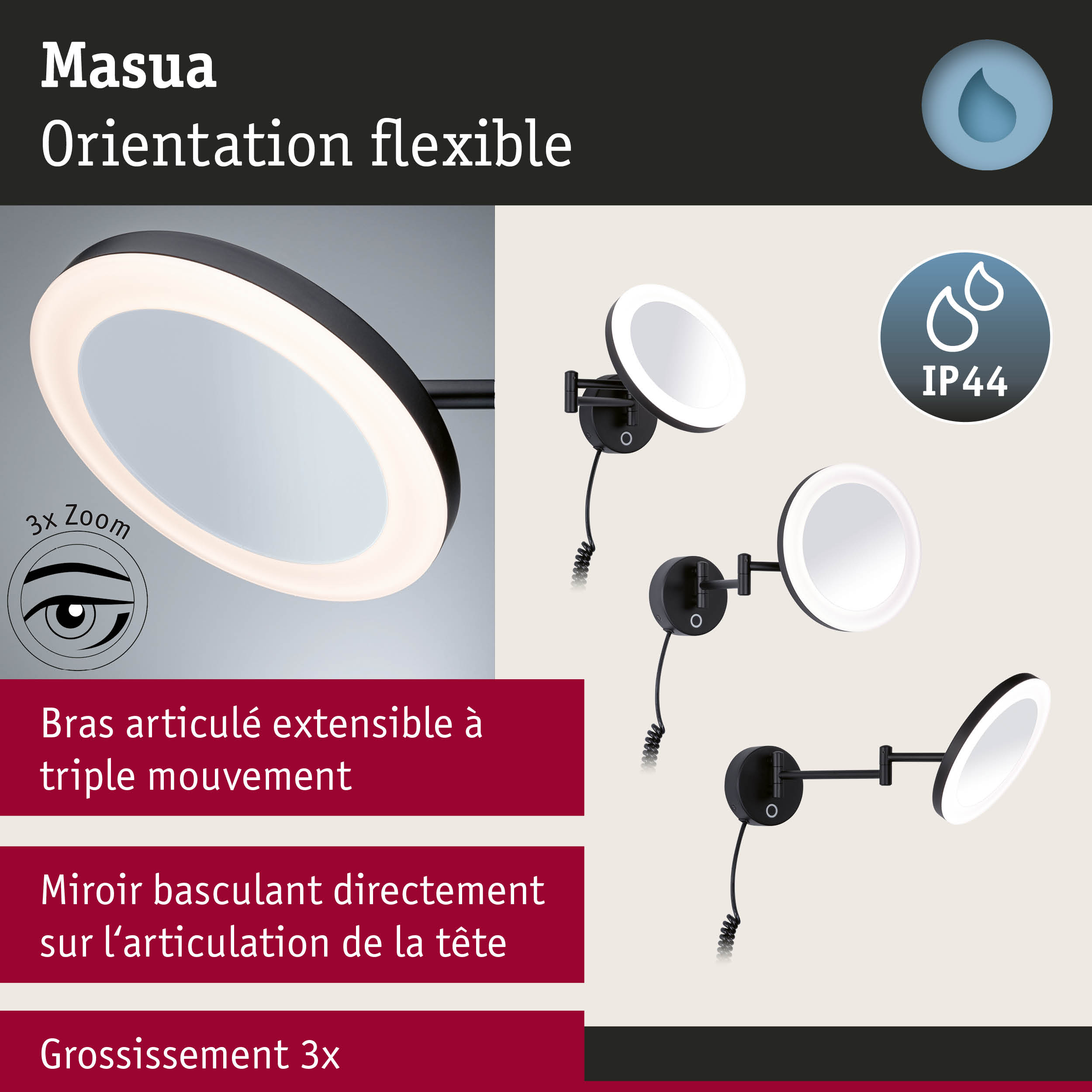 Miroir mural LED Masua noir avec bras flexible et grossissement 3x, éclairage salle de bain IP44