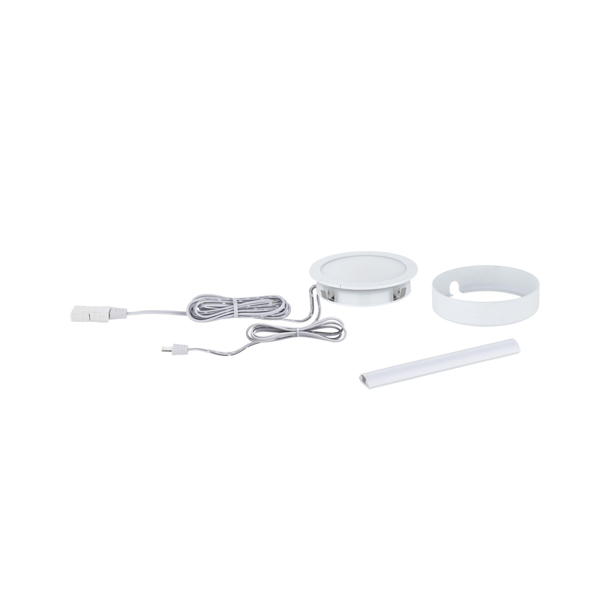 White LED recessed light set with cable and plastic frame for modern lighting solutions