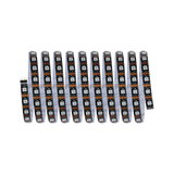 Schwarzes LED-Lichtband mit weißen LEDs und orangefarbenen Bauteilen für flexible Beleuchtungslösungen
