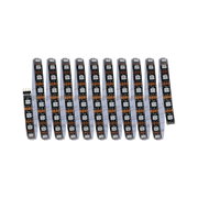Black LED strip with white LEDs and orange components, flexible lighting solution for interiors