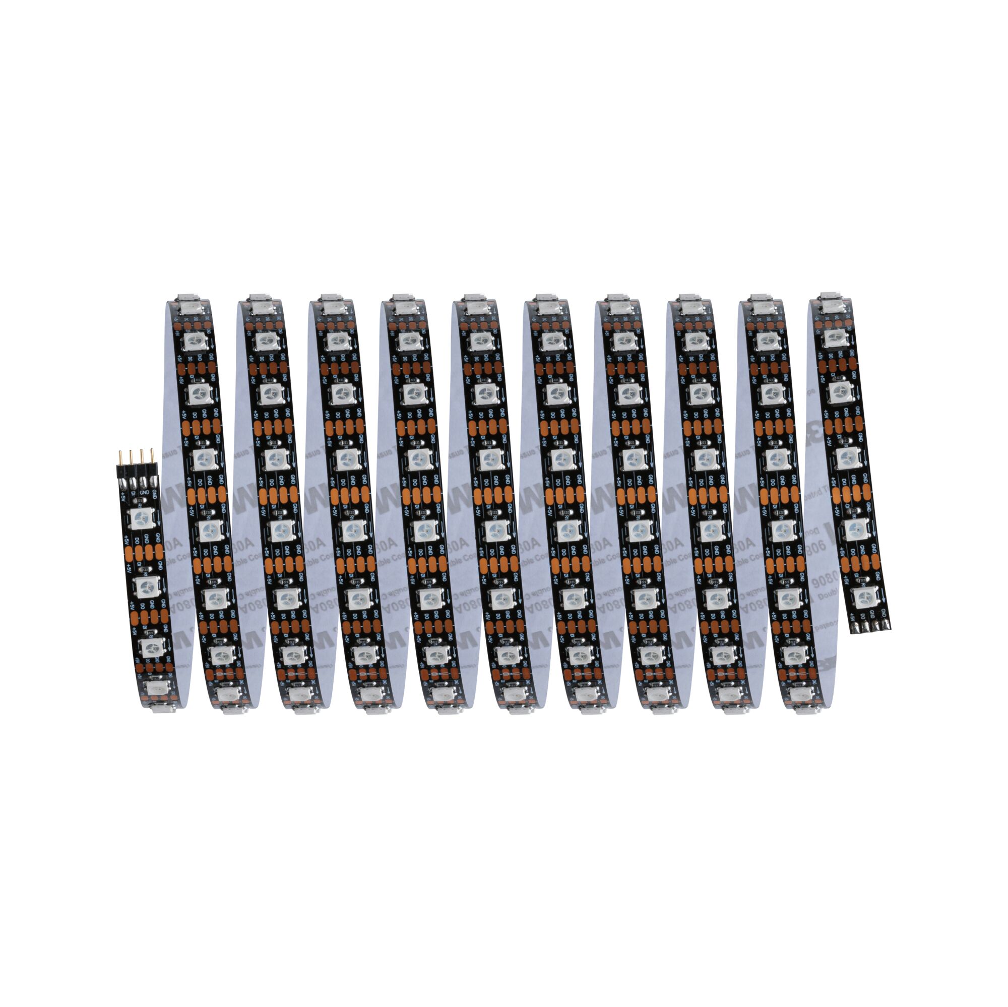 Schwarzes LED-Lichtband mit weißen LEDs und orangefarbenen Bauteilen, flexible Beleuchtungslösung
