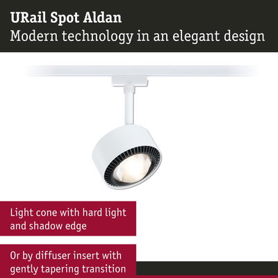 White URail Spot Aldan LED spotlight with modern design and sharp light cone for indoor lighting