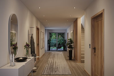 Moderner Flur mit Holzfußboden, weißen Wänden, Holz Türen und LED-Einbaustrahlern in Decke