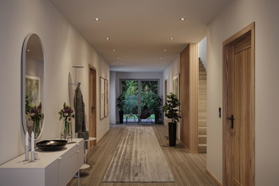 Modern hallway with wood flooring, white walls, wooden doors and recessed LED spotlights in ceiling