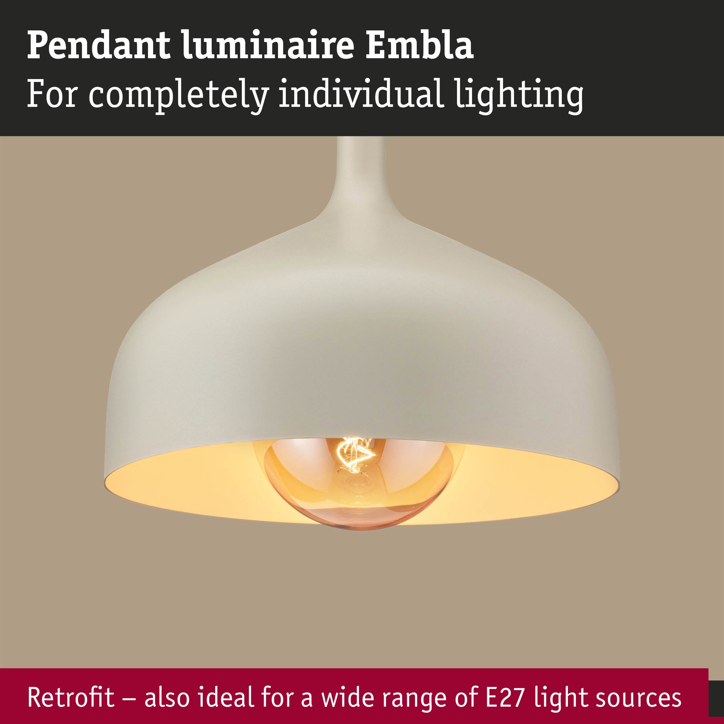 Embla pendant luminaire in cream white with E27 socket for customizable lighting and retrofit use