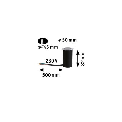 Schwarze Einbauleuchte mit silberner Abdeckung, Maße 50 mm Durchmesser, 82 mm Höhe, 230 V Anschlusskabel 500 mm