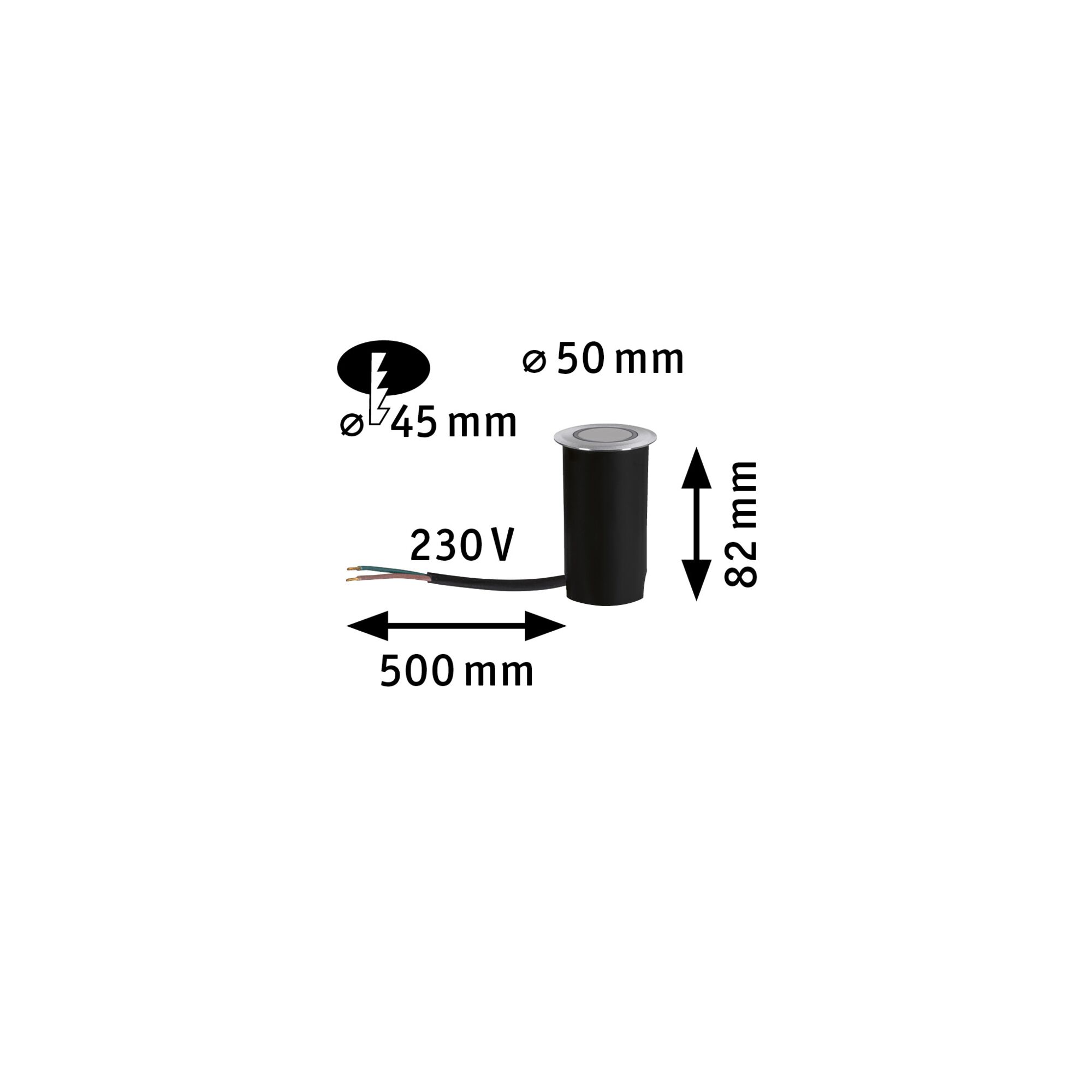 Schwarze Einbauleuchte mit silberner Abdeckung, Maße 50 mm Durchmesser, 82 mm Höhe, 230 V Anschlusskabel 500 mm