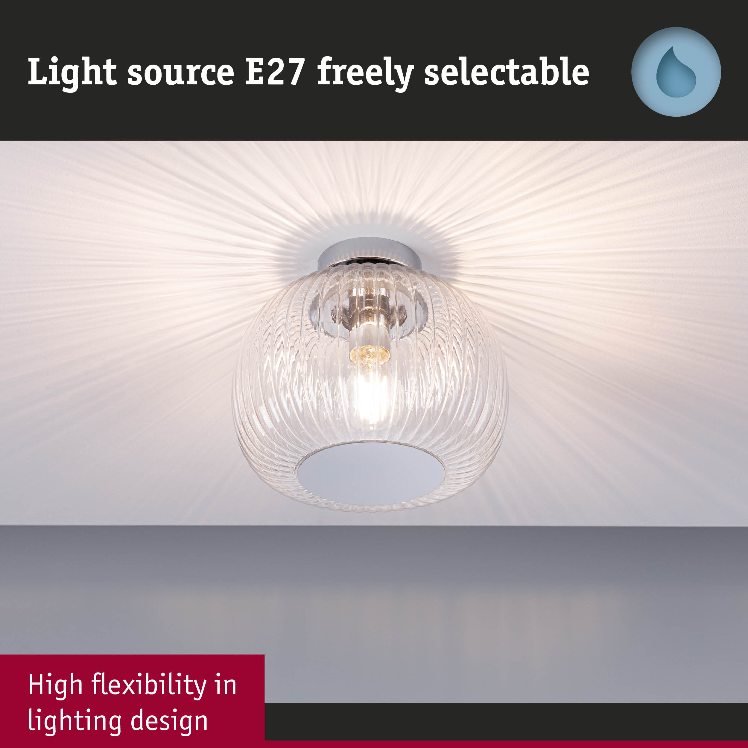 Ceiling light with clear glass and E27 socket, modern design for flexible lighting solutions