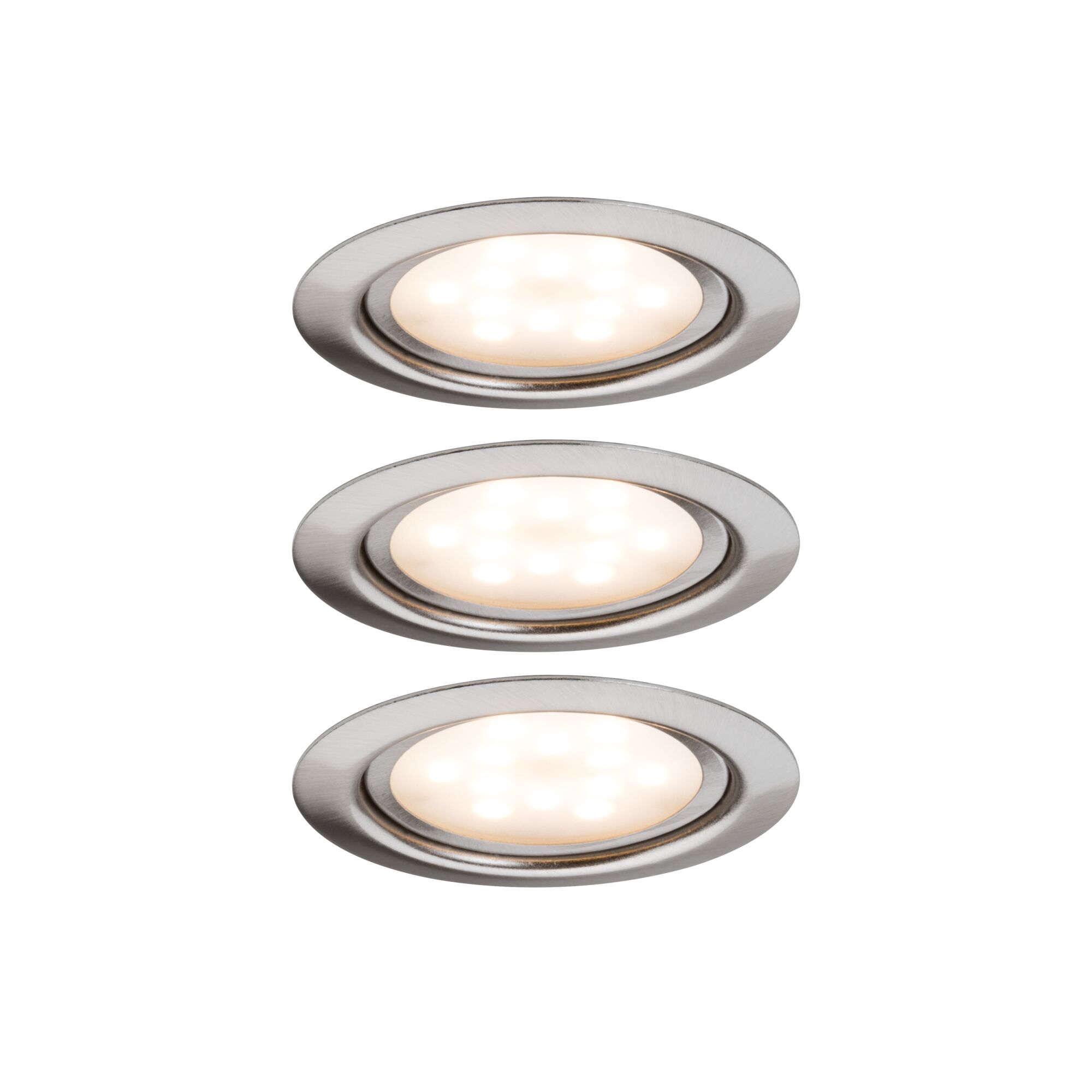Drie ronde LED-inbouwspots van geborsteld roestvrij staal met warm wit licht voor woonruimtes