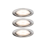 Drie ronde LED-inbouwspots van geborsteld roestvrij staal met warm wit licht voor woonruimtes