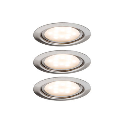 Drie ronde LED-inbouwspots van geborsteld roestvrij staal met warm wit licht voor woonruimtes