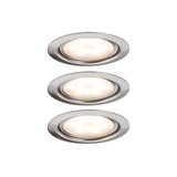 Three round LED recessed lights in brushed stainless steel with warm white light for living spaces
