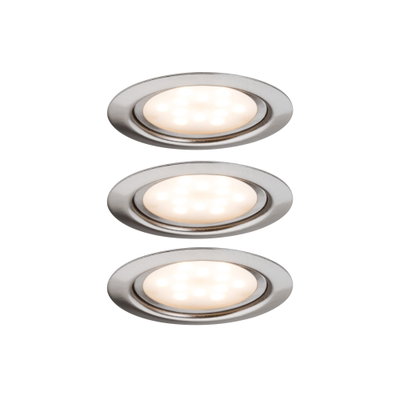 Trois spots encastrés LED ronds en acier inoxydable brossé avec lumière blanc chaud pour intérieur
