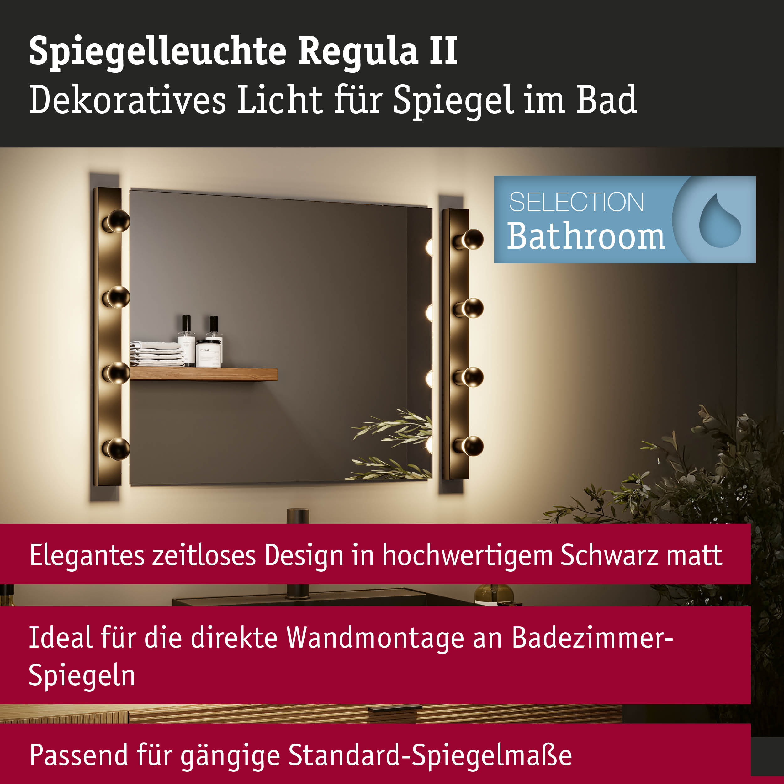 Spiegelleuchte Regula II in mattem Schwarz mit dekorativem Licht für Badezimmer-Spiegelbeleuchtung