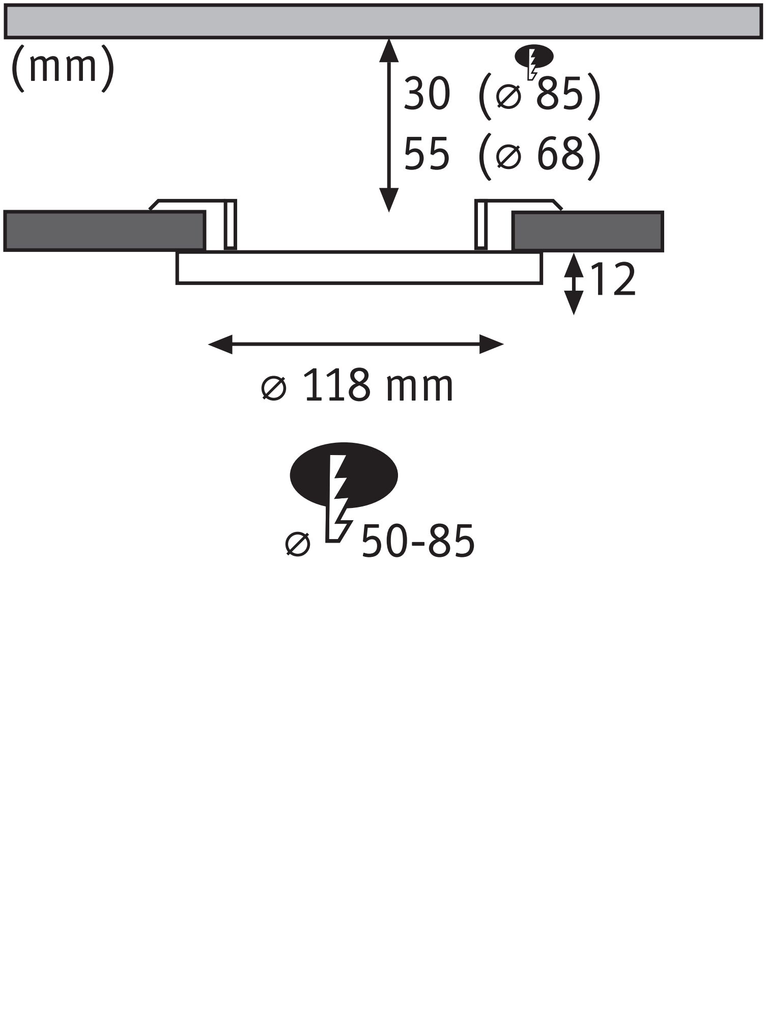 Technical drawing showing dimensions of round recessed spotlight Ø118 mm, installation depth 12 mm, cutout Ø85 mm