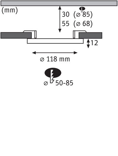 Technical drawing showing dimensions of round recessed spotlight Ø118 mm, installation depth 12 mm, cutout Ø85 mm