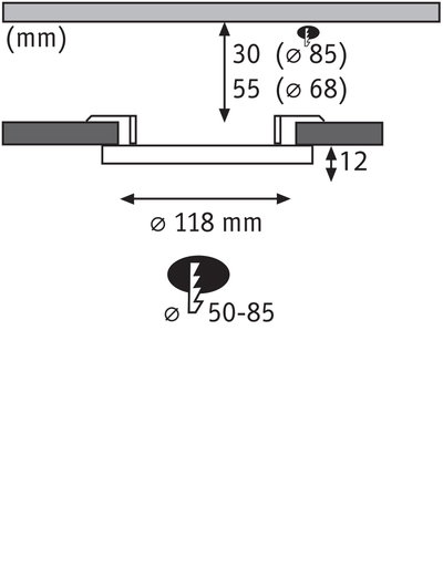 Technical drawing showing dimensions of round recessed spotlight Ø118 mm, installation depth 12 mm, cutout Ø85 mm