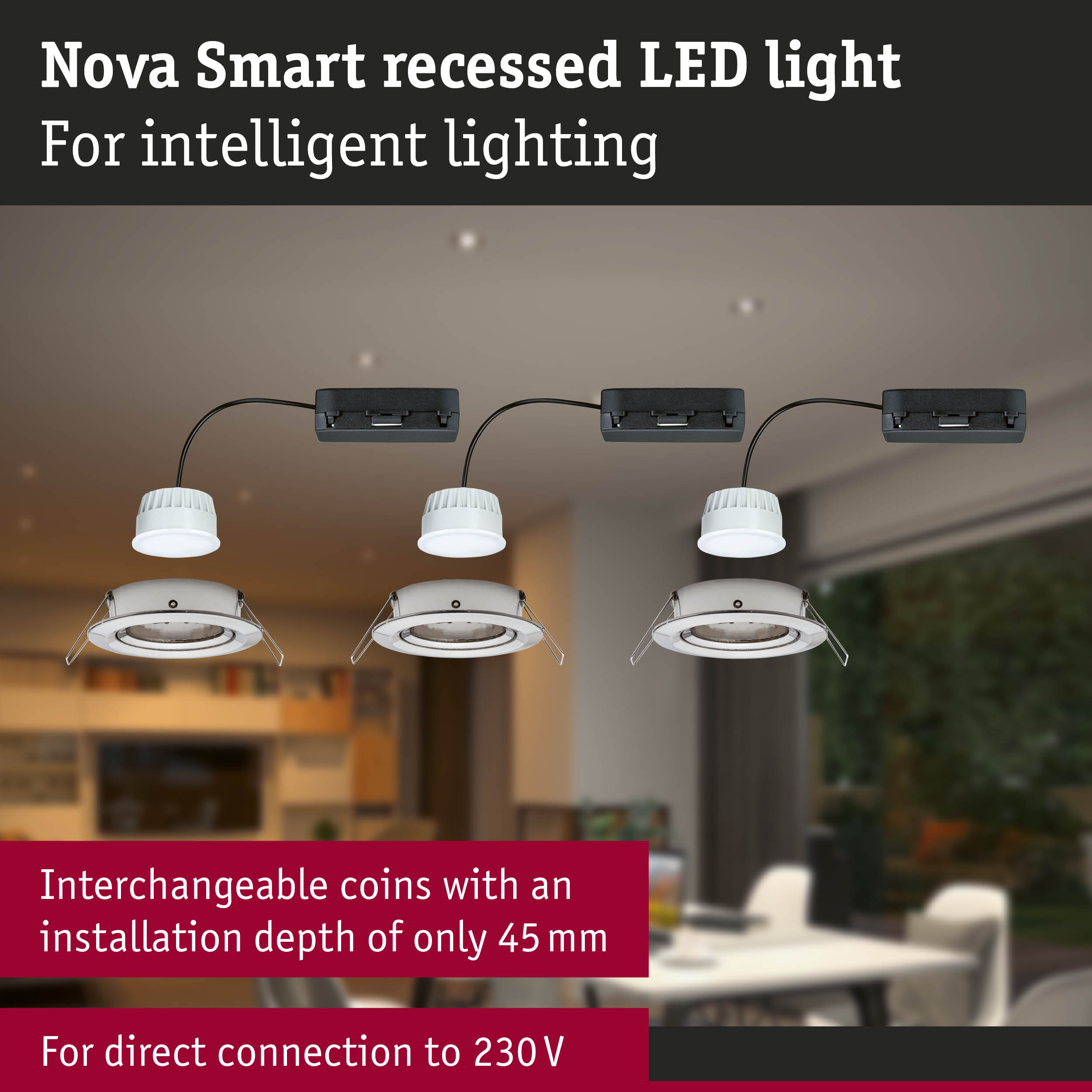 Nova Smart white recessed LED lights with black connection box for intelligent lighting solutions