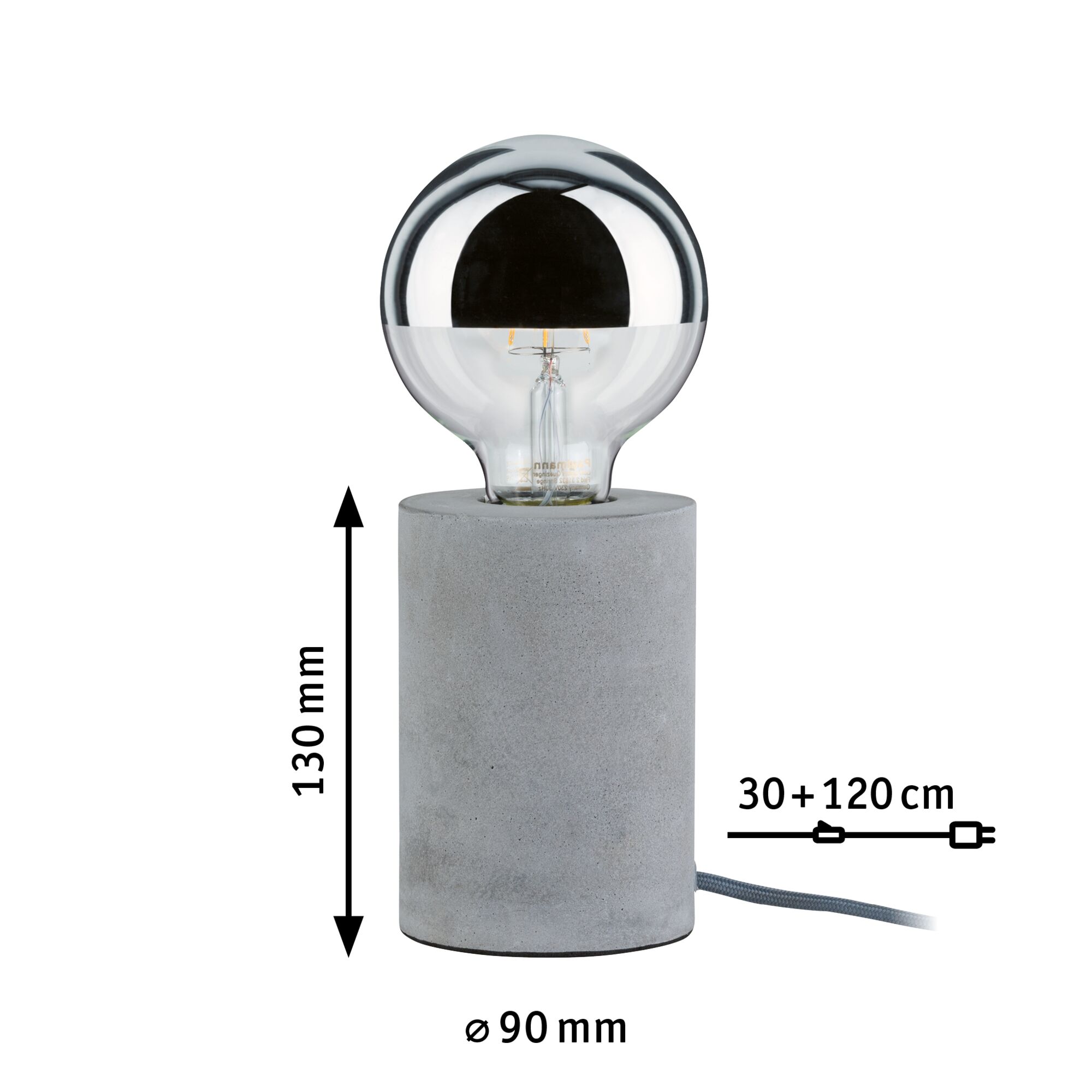 Lampe de table moderne avec base en béton gris et ampoule semi-transparente, lampe LED compacte.