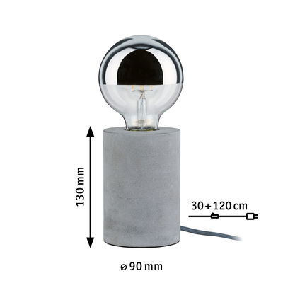 Lampe de table moderne avec base en béton gris et ampoule semi-transparente, lampe LED compacte.