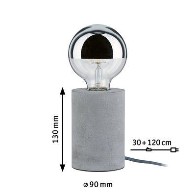Modern table lamp with grey concrete base and half-transparent bulb, compact LED desk light.