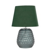 Table lamp with green fabric shade and blue textured glass base for home lighting decor