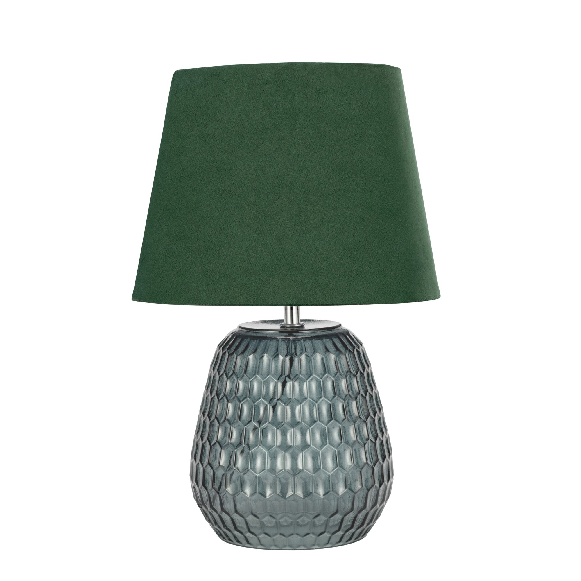 Tafellamp met groene stoffen kap en blauwe, gestructureerde glazen voet voor woonverlichting