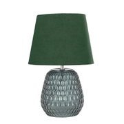 Tafellamp met groene stoffen kap en blauwe, gestructureerde glazen voet voor woonverlichting