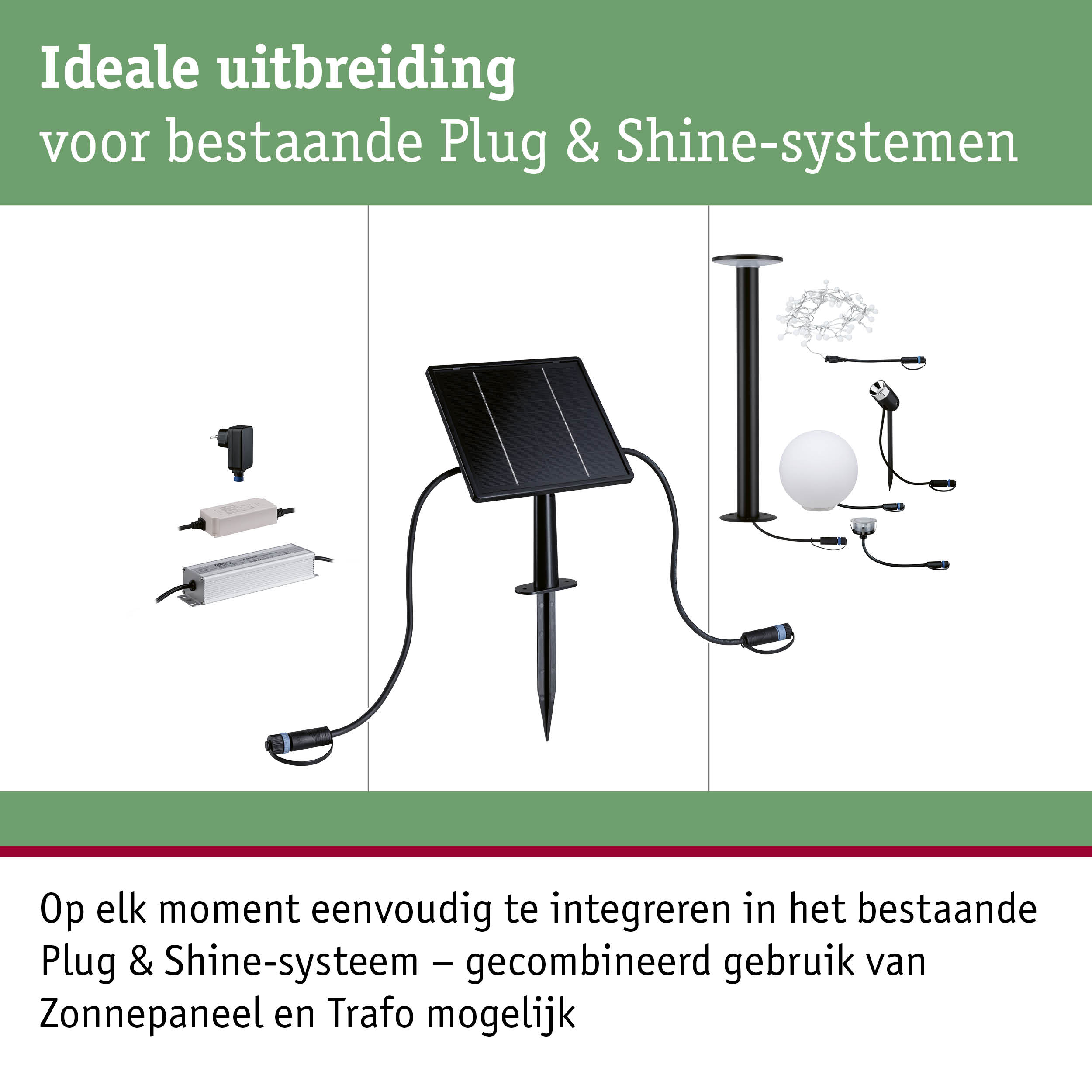Zwart zonnepaneel met paal en stekkers voor uitbreiding van Plug & Shine verlichtingssysteem