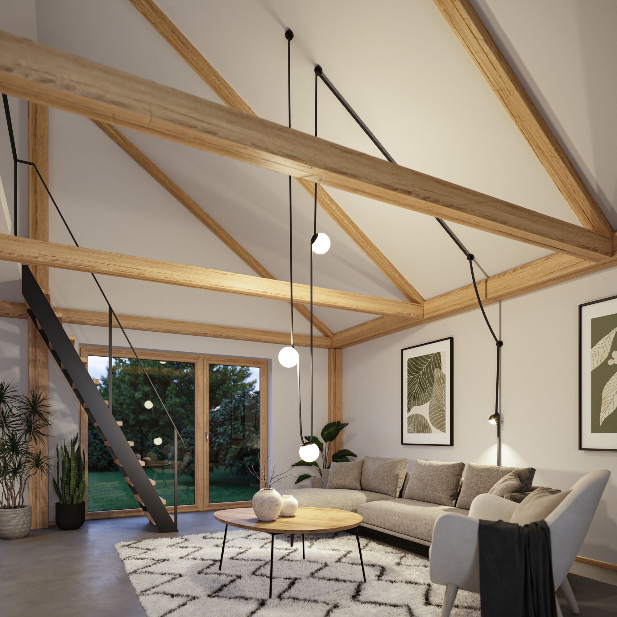 Moderne woonkamer met houten plafond, grijze bank, vloerkleed en minimalistische hanglamp voor sfeerverlichting