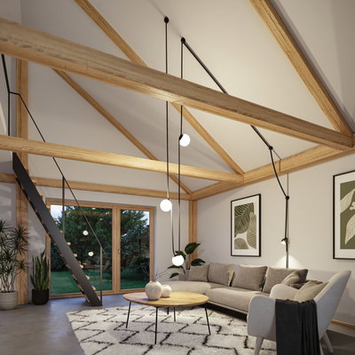 Modern living room with wooden ceiling, grey sofa, rug, and minimalist pendant light for ambient lighting