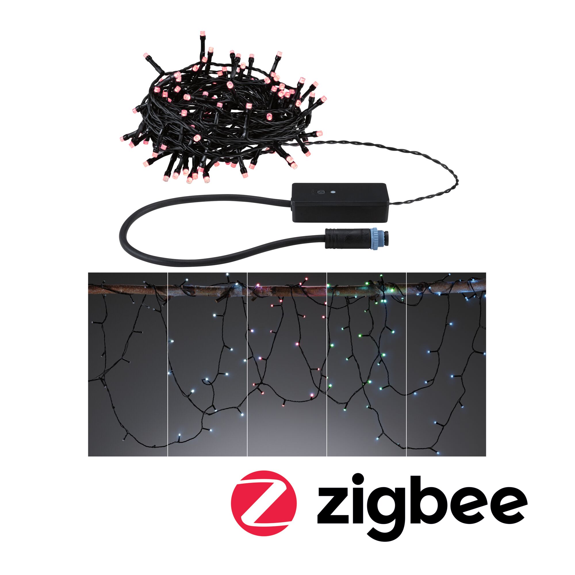 Plug & Shine LED Lichterkette Yuna RGB 10m IP44 5W Schwarz Schwarze LED-Lichterkette mit rosa Leuchtpunkten und Steuerbox, ideal für smarte Beleuchtung.