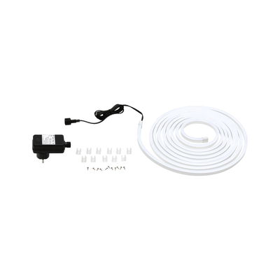 White LED strip with power adapter, clips, and screws for versatile lighting setup