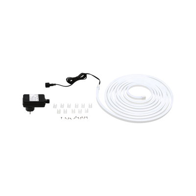 White LED strip with power adapter, clips, and screws for versatile lighting setup