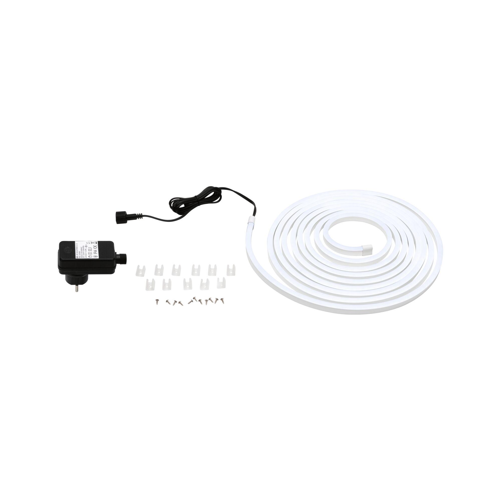 White LED strip with black power adapter and mounting clips for flexible lighting setups