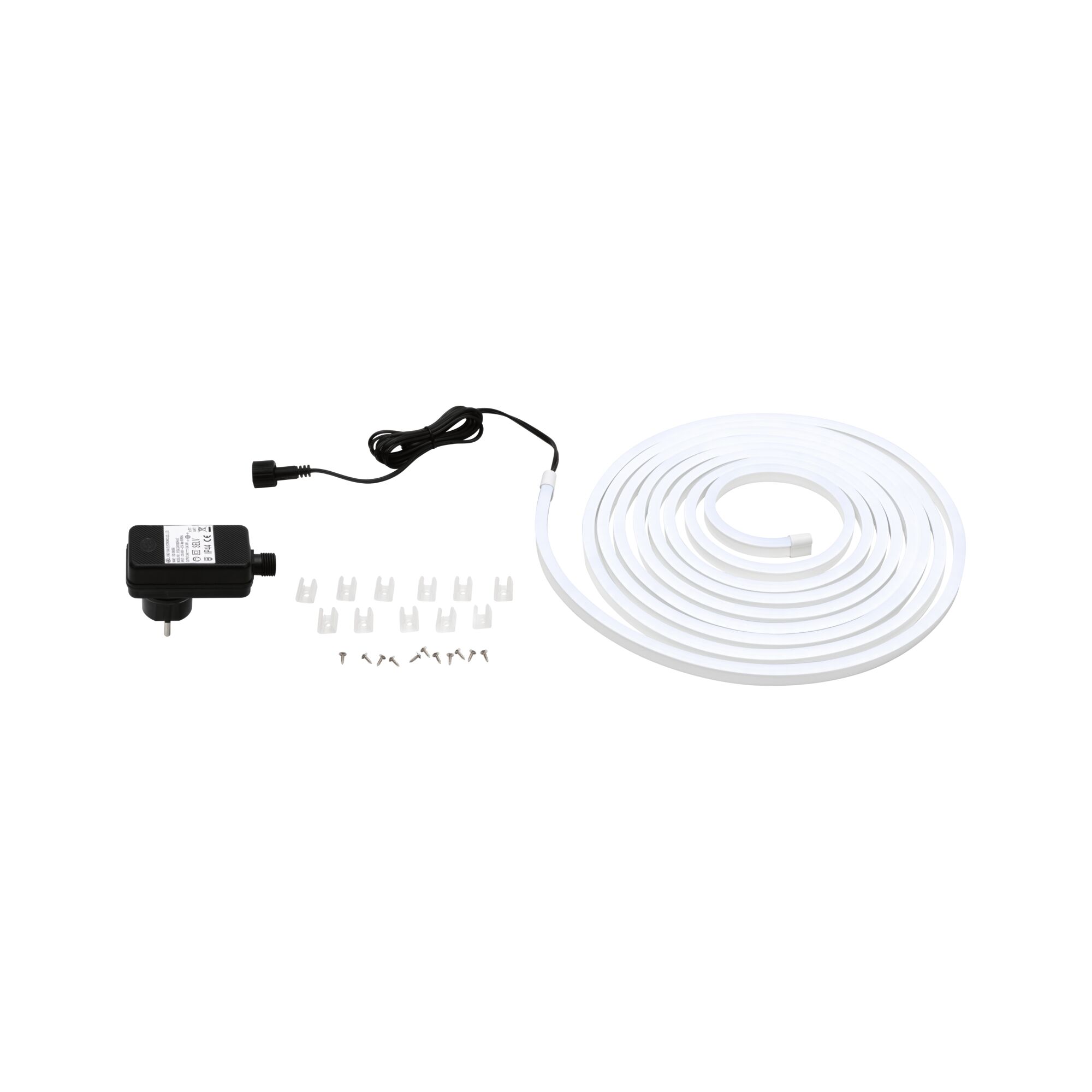 SimpLED LED Strip Outdoor Volledige set 5m gecoat IP65 20W 420lm/m 40 LEDs/m 6500K 24VA Witte LED-strip met zwarte adapter en montageclips voor flexibele verlichtingsoplossingen