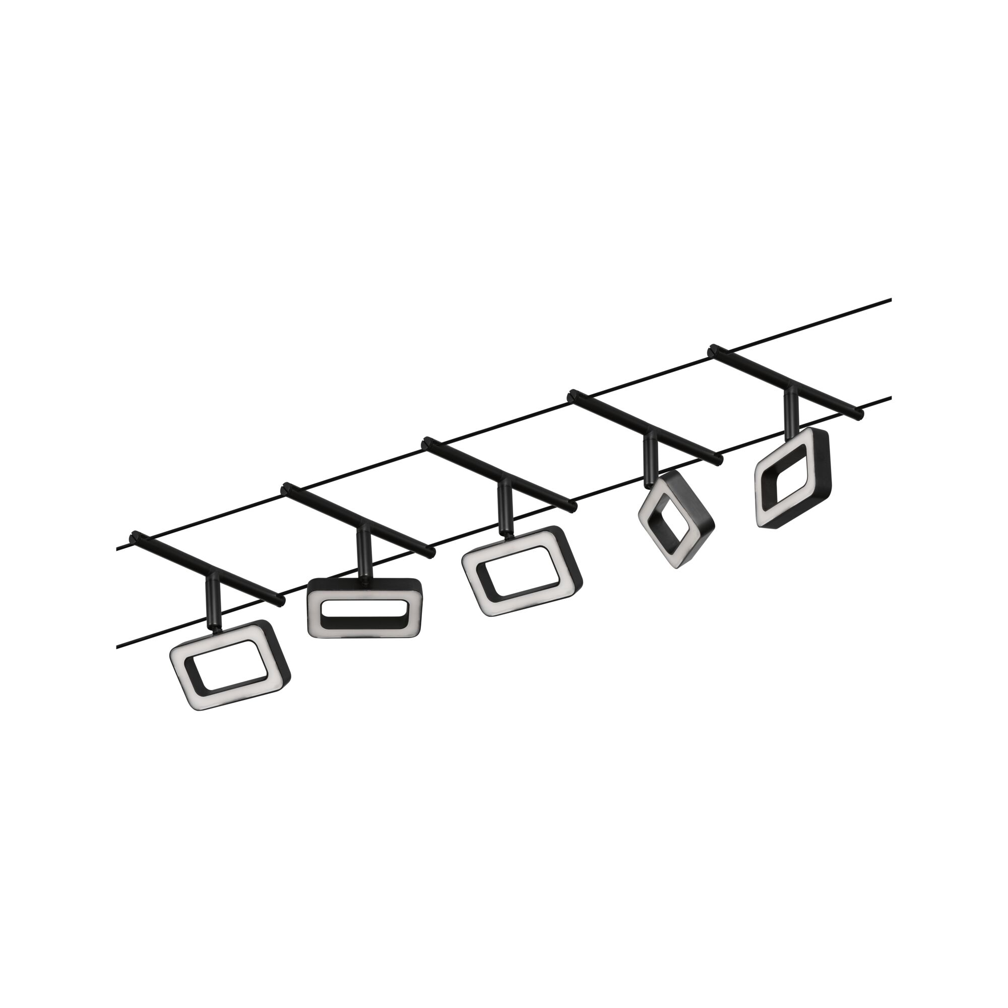 Moderne schwarze LED-Seilspotleuchte mit rechteckigen Leuchtflächen für flexible Raumbeleuchtung
