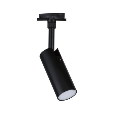 Black metal LED spotlight with cylindrical design for modern track lighting and accent illumination