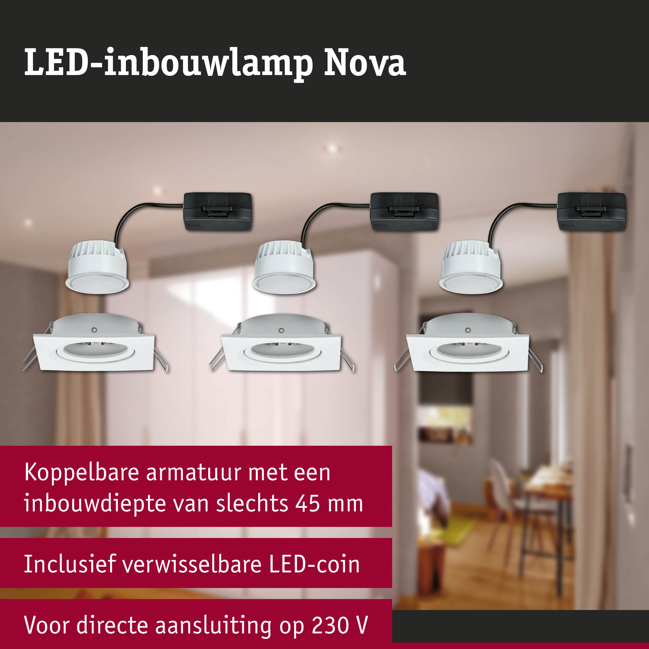 Witte LED-inbouwspot Nova met 45 mm inbouwdiepte voor directe 230V aansluiting