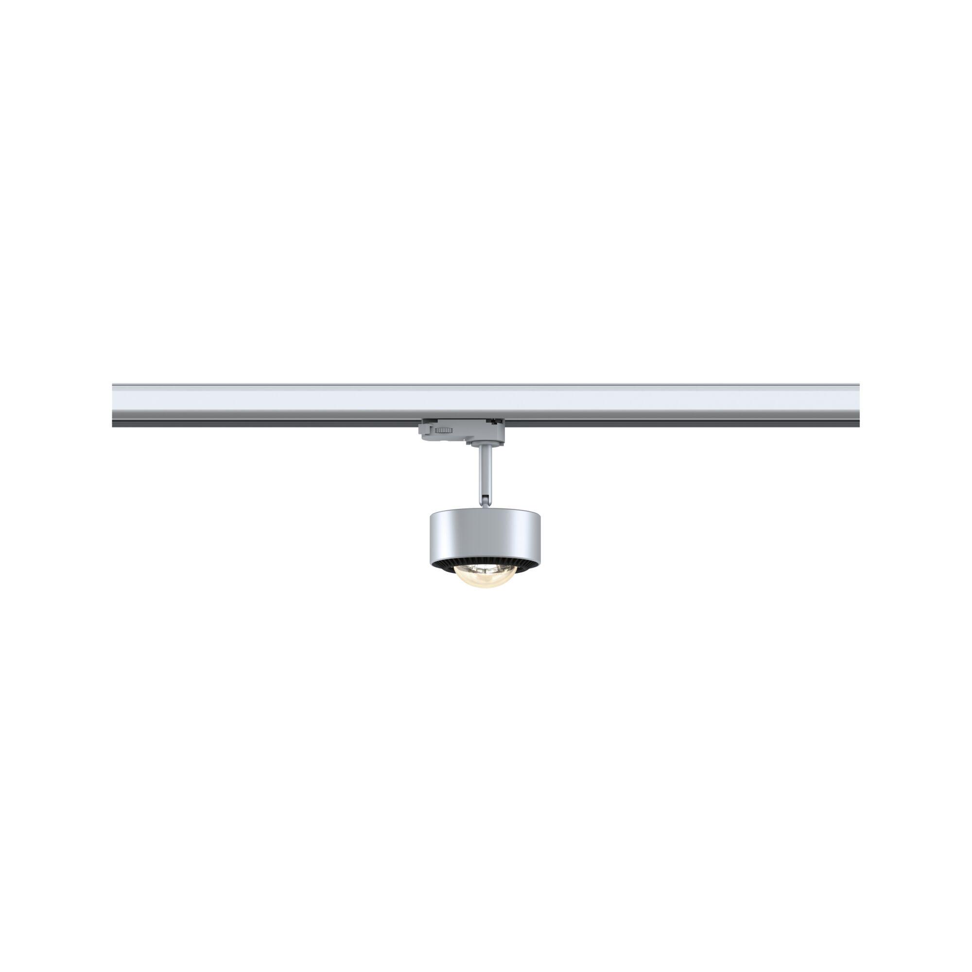 Silberne LED-Schienenleuchte aus Metall mit rundem Strahler für moderne Innenbeleuchtung