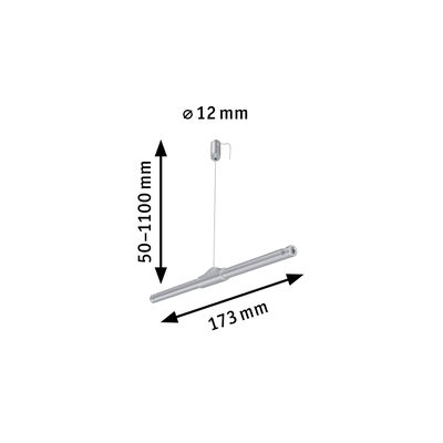 Technical drawing of silver LED pendant light 173 mm long with adjustable height 50-1100 mm