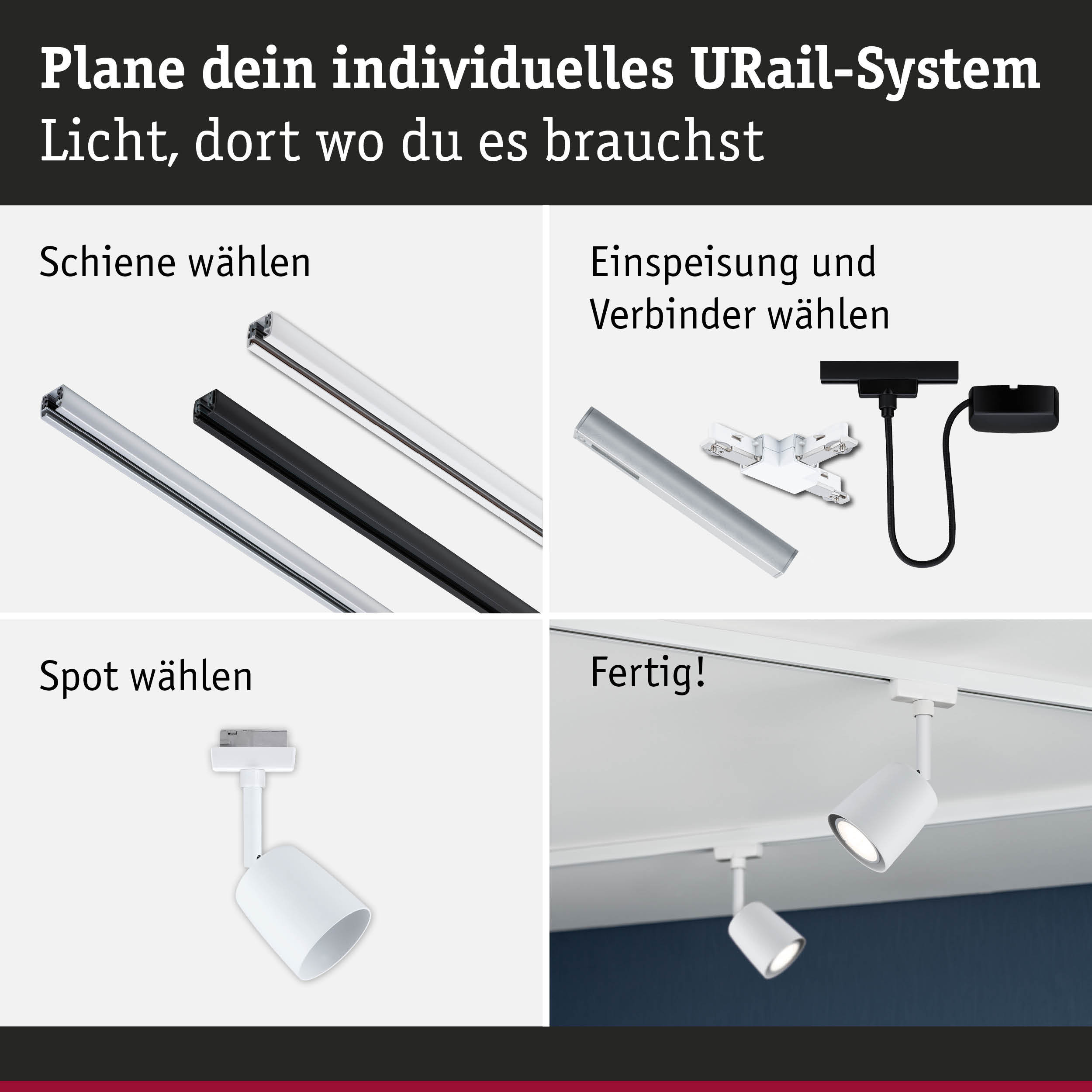 Modulares URail-Schienensystem mit weißen und schwarzen Schienen, Steckverbindern und weißen Spots für flexible LED-Beleuchtung