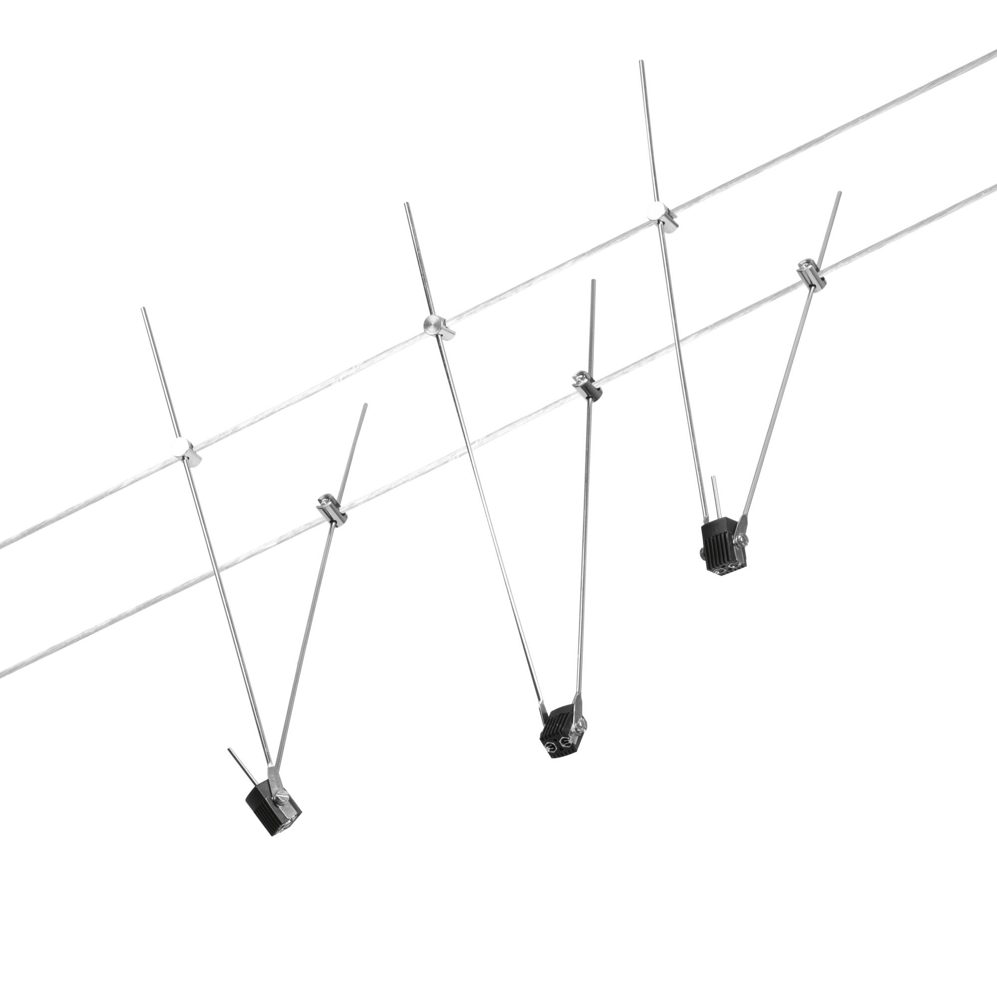 Three chrome wire rope holders with black plastic clamps for modern cable tension systems