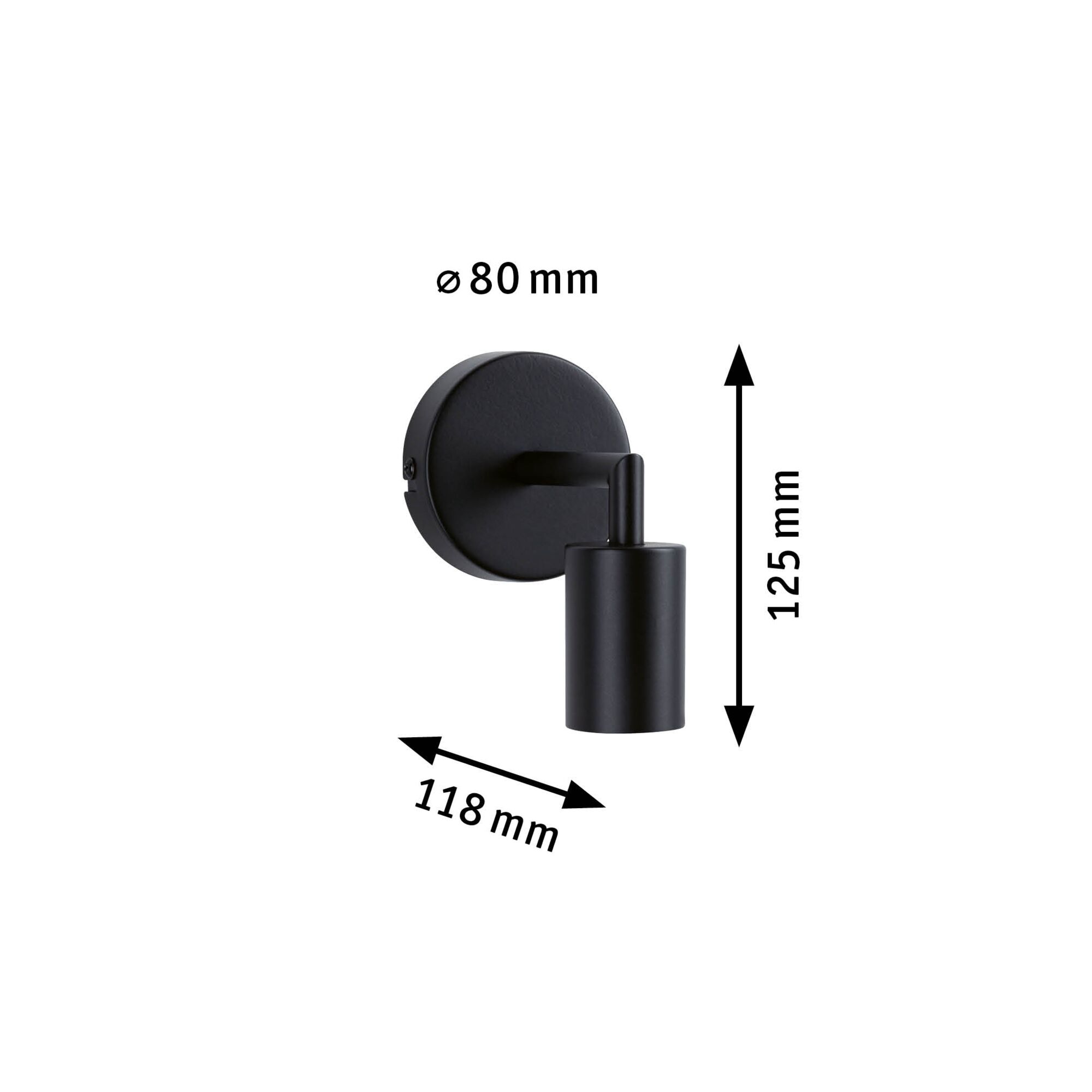 Schwarze Wandlampe aus Metall mit zylindrischem Leuchtenkopf und Maßen 80x125x118 mm