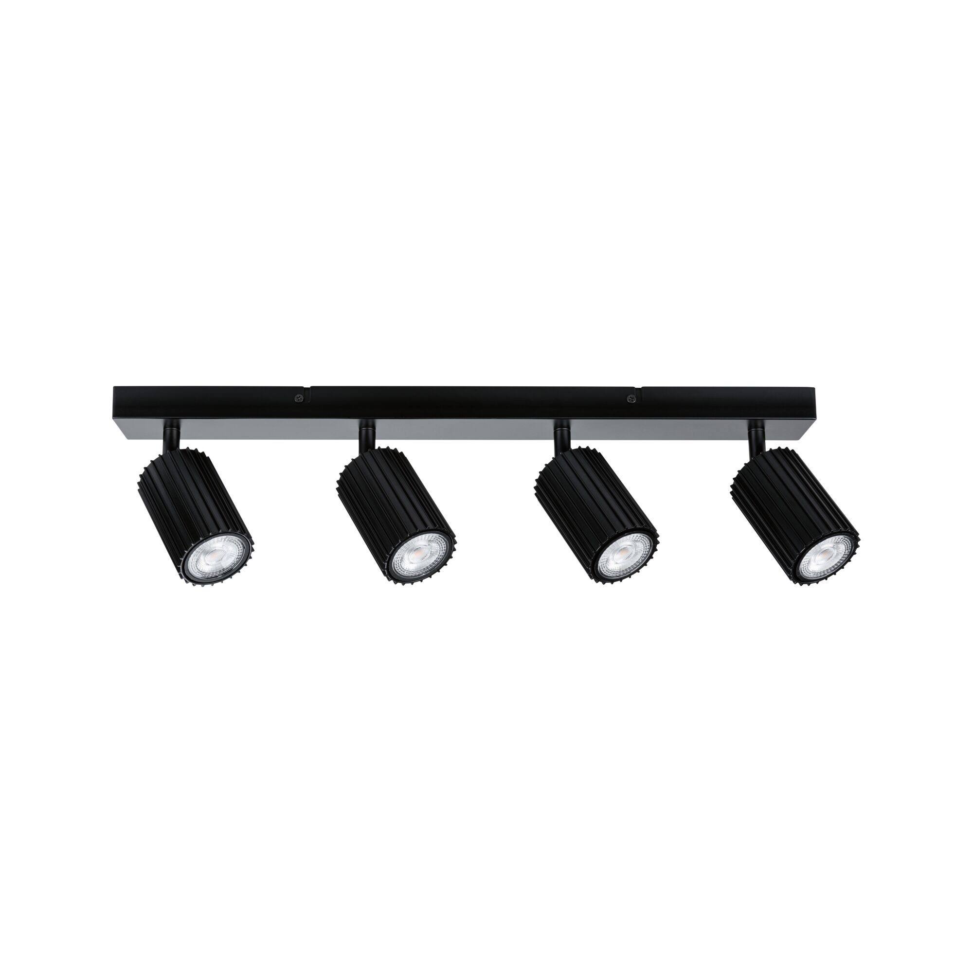 Black four-light LED ceiling spotlight in aluminium with adjustable heads for targeted lighting
