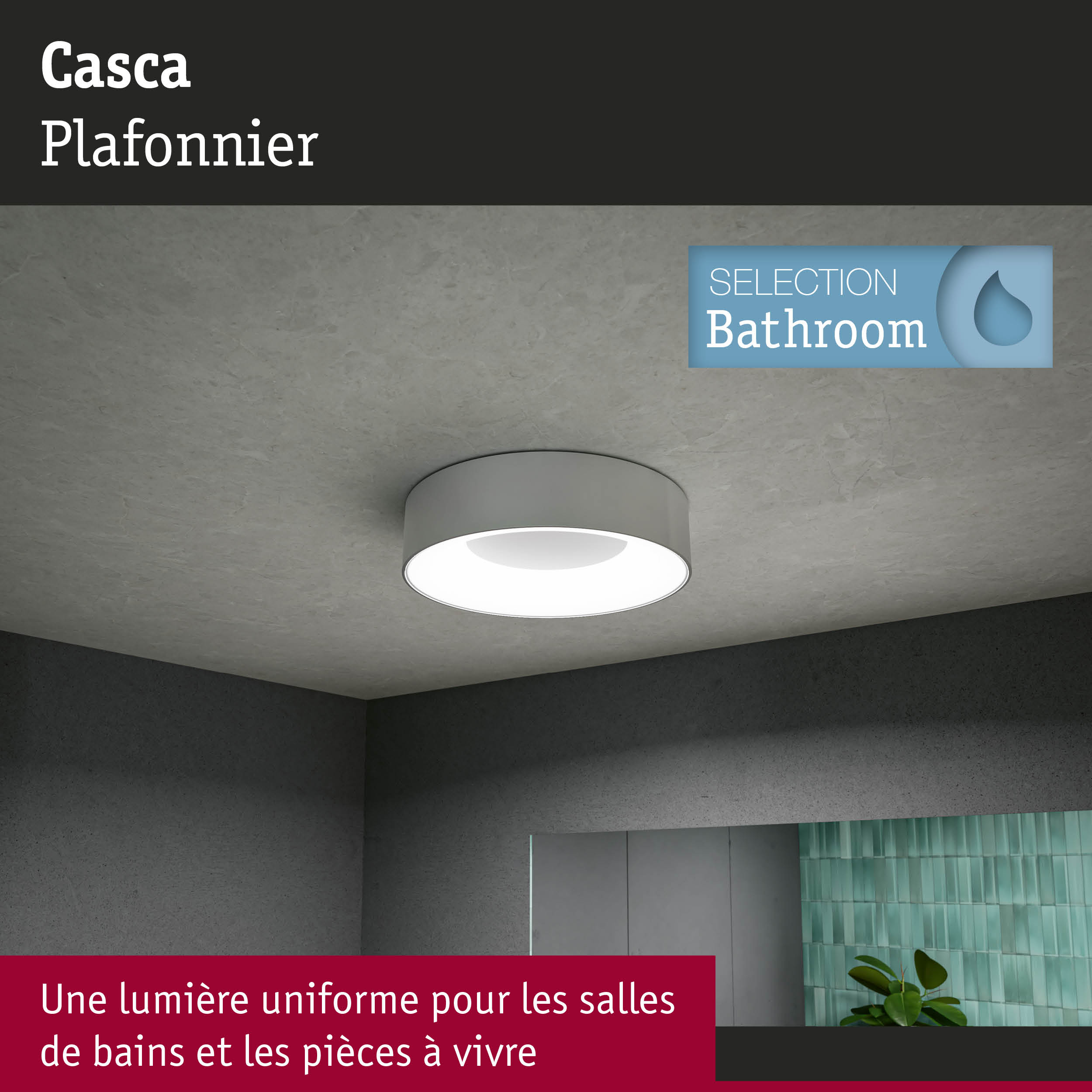 Plafonnier Casca blanc pour salle de bains avec lumière uniforme et design moderne épuré
